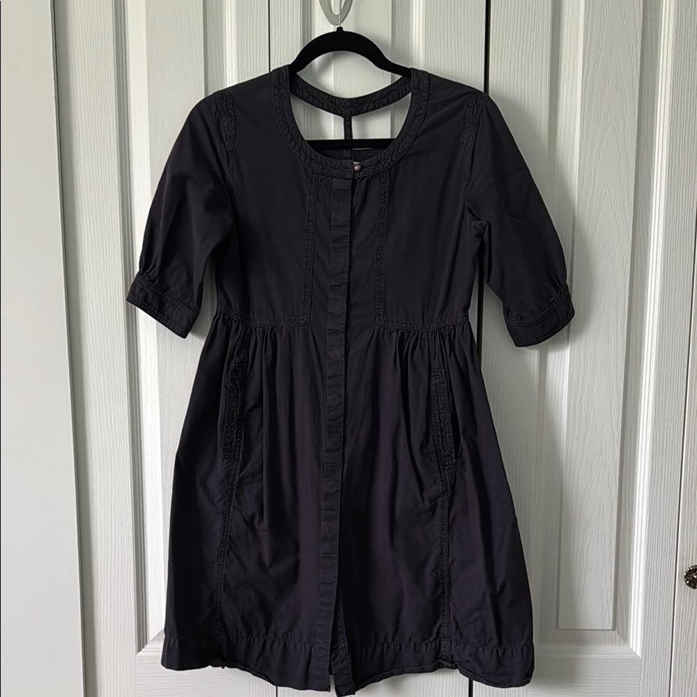 Black Pleated Smock Dress with Puff Sleeves